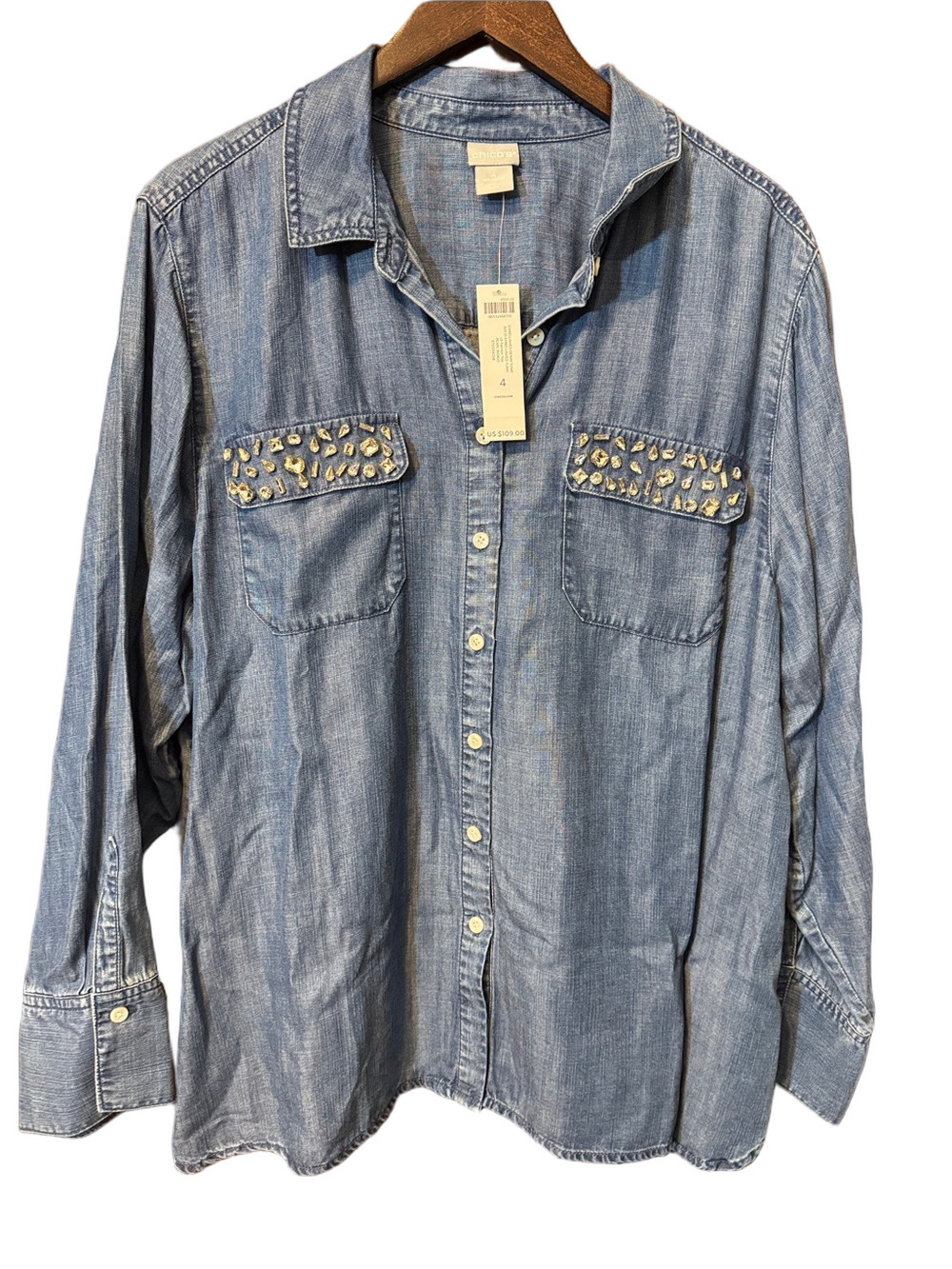 Chico's Embellished Denim Tunic Long Sleeve Button-Down Shirt Size 4 NWT